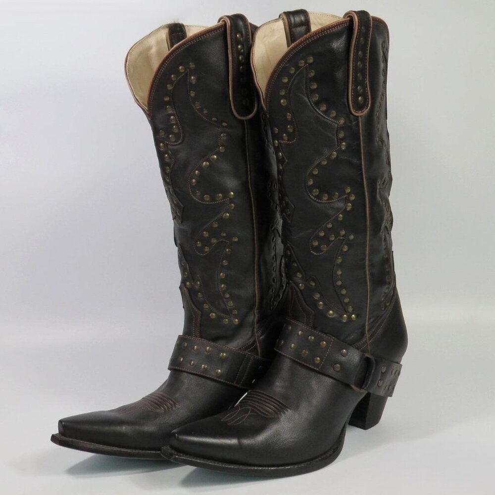 Classic Black Studded Western Heeled Boots - Women's